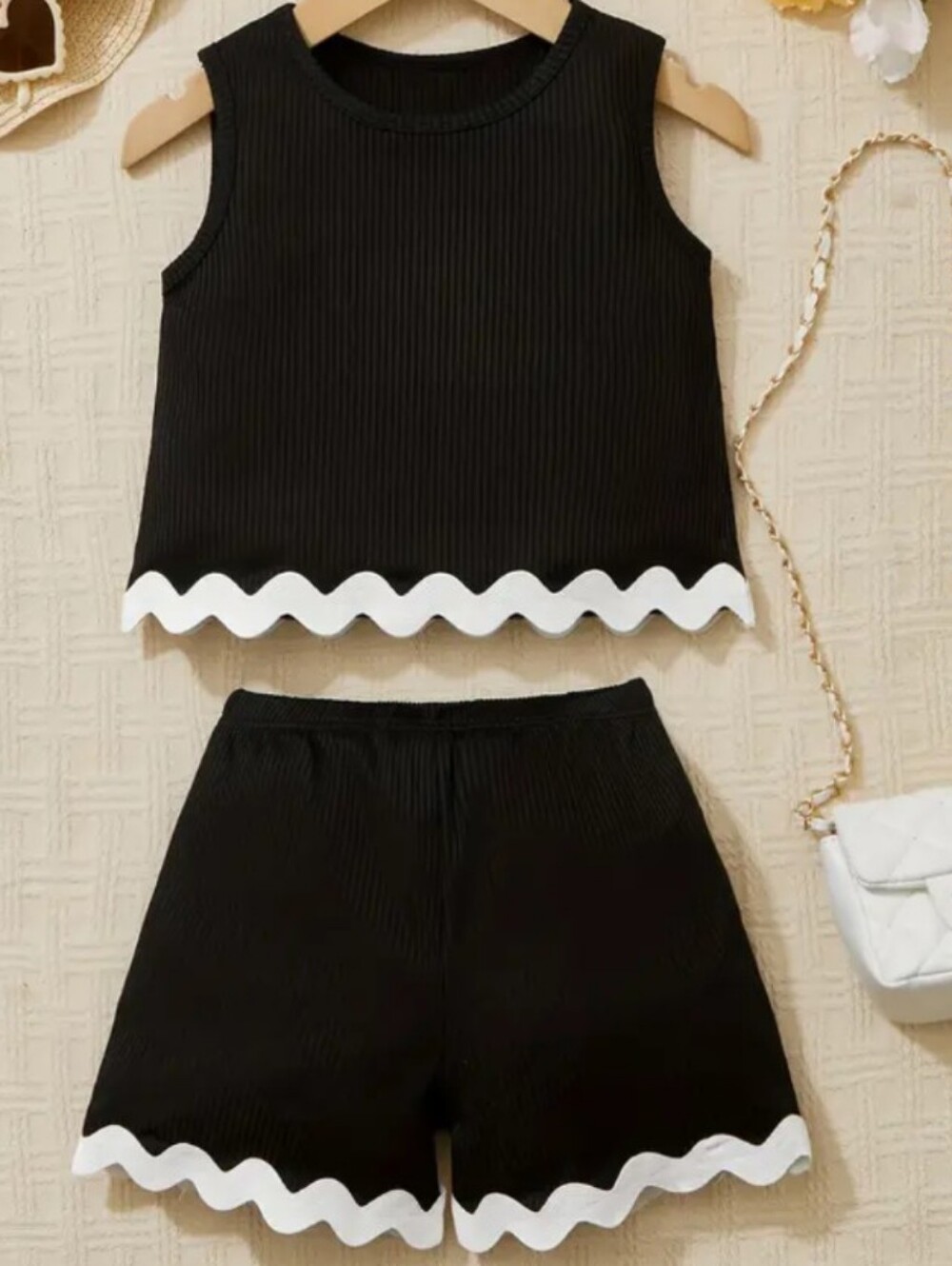 Black Two-Piece Ribbed Tank and Shorts Set with White Scallop Trim